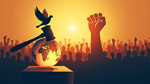 peace dove standing atop a justice gavel that rests in front of a glowing world globe Democracy, political science concept creative art