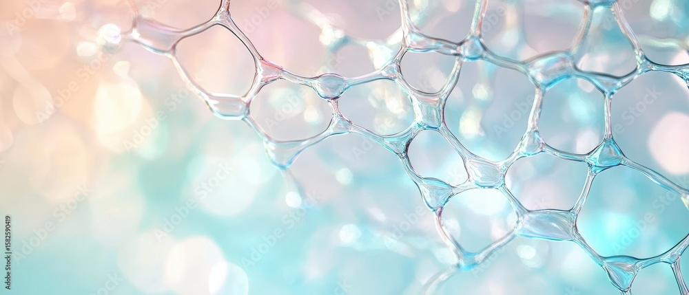 Poster delicate network of soap bubbles floating against a blurred pastel colored background. iridescent li