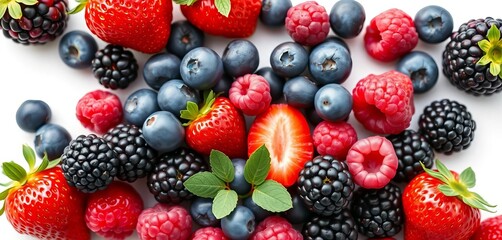 A vibrant collection of fresh strawberries, blueberries, raspberries, and blackberries isolated on white, market, fresh