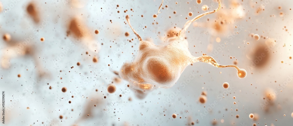 Poster abstract blob shape. light orange structure with extensions. fluid small particles on blurred gradie