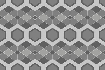 Monochrome geometric pattern with hexagons and diamonds creating a seamless repeating design in shades of gray
