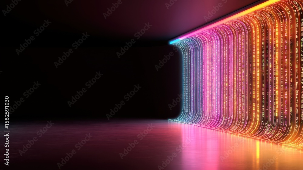 Poster abstract colorful light streams flow into dark space. neon color futuristic corridor with reflection