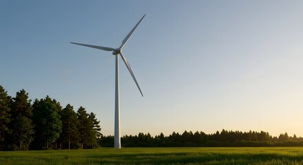Fototapeta premium Wind turbine stands in a field near trees under a clear blue sky, generating renewable energy.