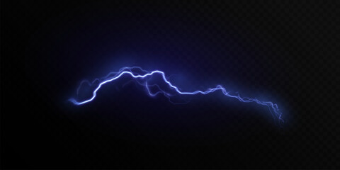 Realistic vector electric lightning discharge with blue glow on dark background. Dynamic light effect for fantasy scenes, sci-fi effects, UI design, visual effects, games.