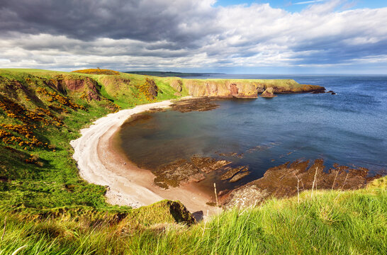 Panorama of Dunnottar castle with sea coast in Scotland