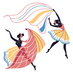 Dancers in traditional attire mid-motion, captured in colorful flowing cloth and movement lines, isolated on clean background