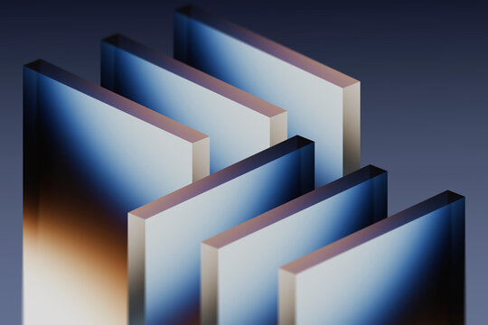 3D rendering of geometric glass rectangles with gradient patterns