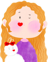 Cartoon Girl and Stuffed Doll Sending a Cute Kiss