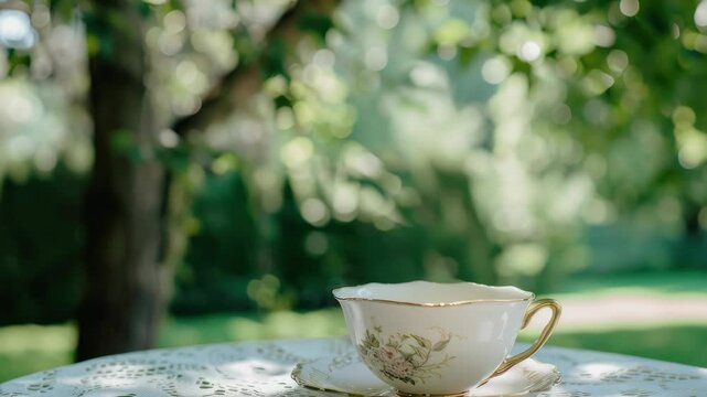 Teacup with floral pattern, set on white lace doily.