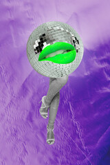 Vertical image 3d banner collage of anonym girl guy instead head lips bite disco ball celebration...