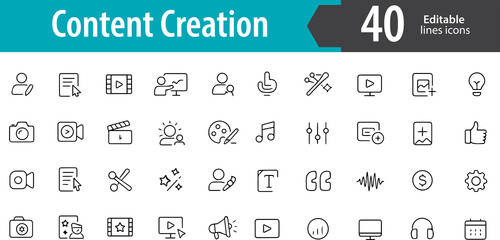Content Creation Line Icons, Blog Writing, Video Production, Social Media Post, Graphic Design, Creative Workflow, Editable Formats: AI, EPS, PNG, , Ideal for Both Digital and Print Use
