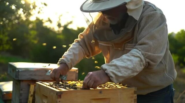 Beekeeper in protective suit at work, Beekeeping: Working with a Hive in a Natural Setting