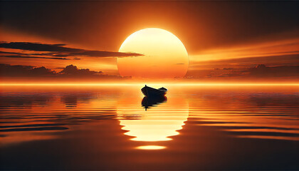 A serene and romantic sunset scene featuring a small boat floating on calm water