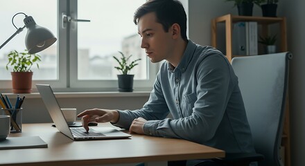 Focused Young Man Working on Laptop in Home Office