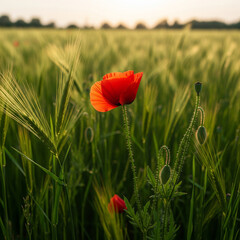 Obraz premium Striking wide-angle, side-lit shot of a single bright red poppy standing tall in swaying green grass under golden late afternoon sunlight.