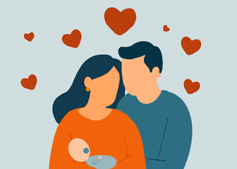 Illustration of a couple with a newborn baby surrounded by hearts symbolizing love