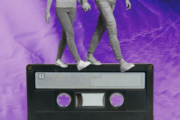 Contemporary artwork collage of anonym girl guy legs dance retro tape music playlist celebration disco holiday clubbing