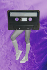 Contemporary artwork collage of anonym girl guy legs dance retro tape music playlist celebration...