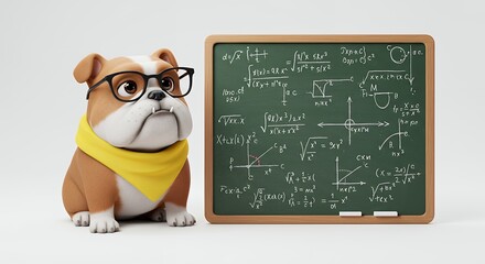Cartoon bulldog with glasses in front of chalkboard