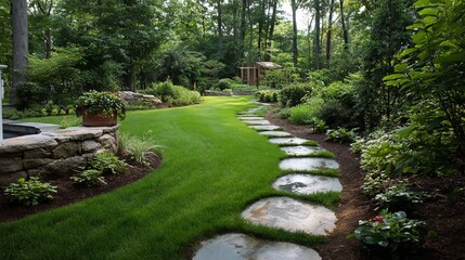 A serene garden pathway with stone stepping stones leading through vibrant greenery and blooming flowers.