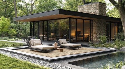 Modern home exterior with patio and pool