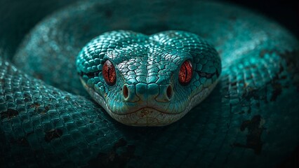 Fototapeta premium Captivating Blue Snake with Crimson Eyes A Mesmerizing Portrait of Wildlife Beauty