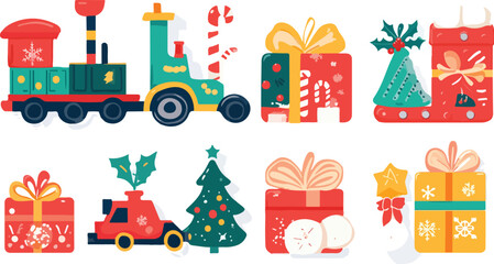 Festive Christmas Icons Featuring a Toy Train and Colorful Gift Boxes