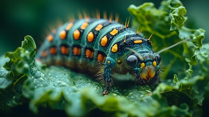 Fototapeta premium Detailed caterpillar crawling on a vibrant green leaf