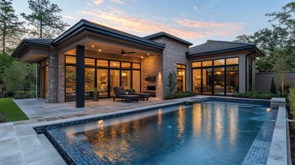 Modern home exterior with pool at sunset