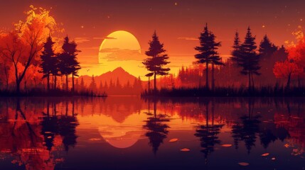 A lake during autumn with trees reflecting in the water at sunset