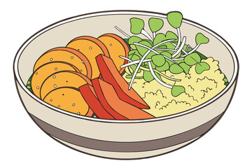 A bowl filled with sliced sweet potatoes, red peppers, sprouts, and couscous on a white background