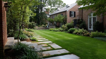 Naklejka premium A serene garden pathway leads through vibrant greenery, showcasing a beautifully manicured lawn and exquisite landscaping.