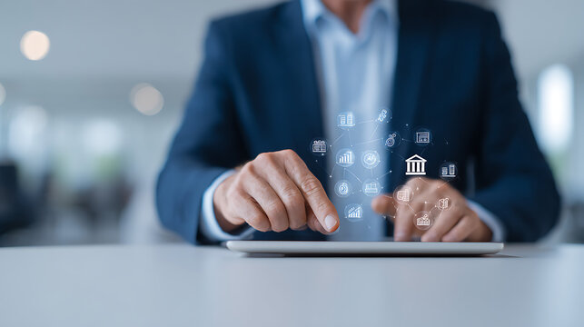 Business person interacting with digital tax time interface using tablet in futuristic office environment with finance and time management icons. 96892693 1