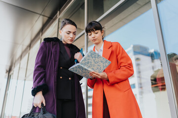 Two professional businesswomen discuss and review documents outside near a glass-fronted modern...