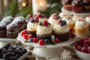 Assorted Cupcakes with Berries and Chocolate Treats on Table
