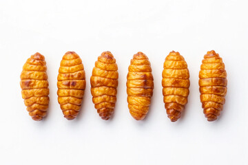 Golden Fried Silkworm Pupae Row White Background crispy silkworm
