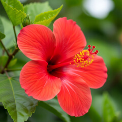 A close-up view of a vivid red hibiscus (bunga sepatu) flower, with lush green leaves providing a natural backdrop, highlighting its intricate beauty.