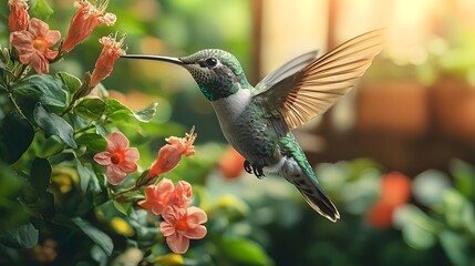 Naklejka premium Hummingbird hovering among vibrant flowers in a lush garden