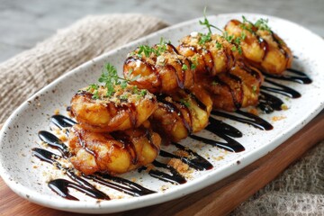 Delicious Grilled Shrimp with Sauce and Garnish on Rustic Plate