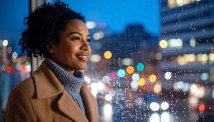 Woman looking out city window at night