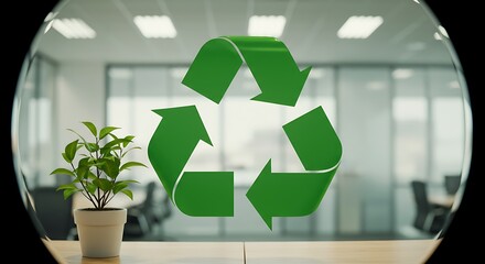 Green Office Sustainability: Recycling Symbol and Plant