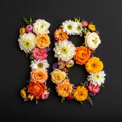 Number 18 made out of flowers with black background. Photo for 18th birthday or anniversary party