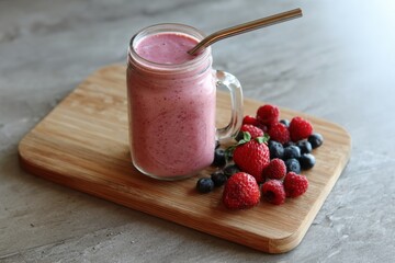 Fresh Berry Smoothie in Glass Jar with Straw and Mixed Berries