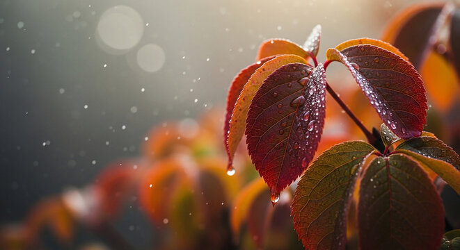 Close-up of vibrant autumn leaves with glistening water droplets and a soft, ethereal background.