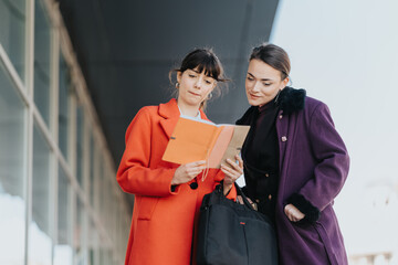 Two women in stylish coats engage in a business discussion while examining notes, showcasing...