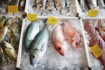 Fresh Seafood Display in a Market with Ice and Price Tags