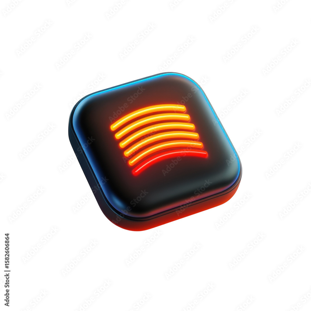 Fototapete neon waves glows from a dark square futuristic icon warm red and yellow on transparent background