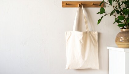 Tote Bag Mockup Hanging on Wall Hook in Natural Light for Eco Branding Display
