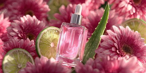 Pink Serum Bottle with Aloe, Chamomile, and Lime Slices for Skin Care