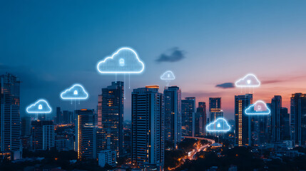 Cloud computing technology icons over cityscape with blue digital theme showing data synchronization, security, and network infrastructure concepts. 78098356 1